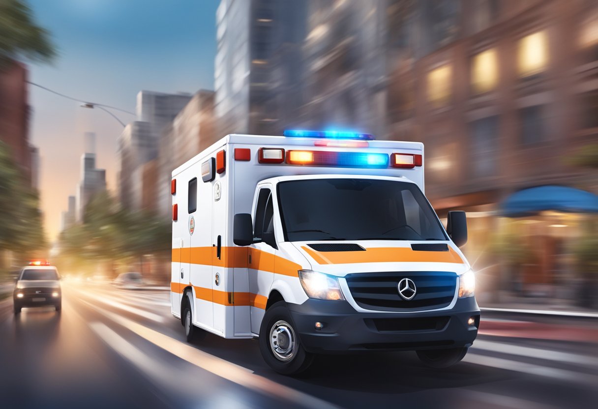 A SAMU ambulance speeding through city streets with lights flashing and siren blaring