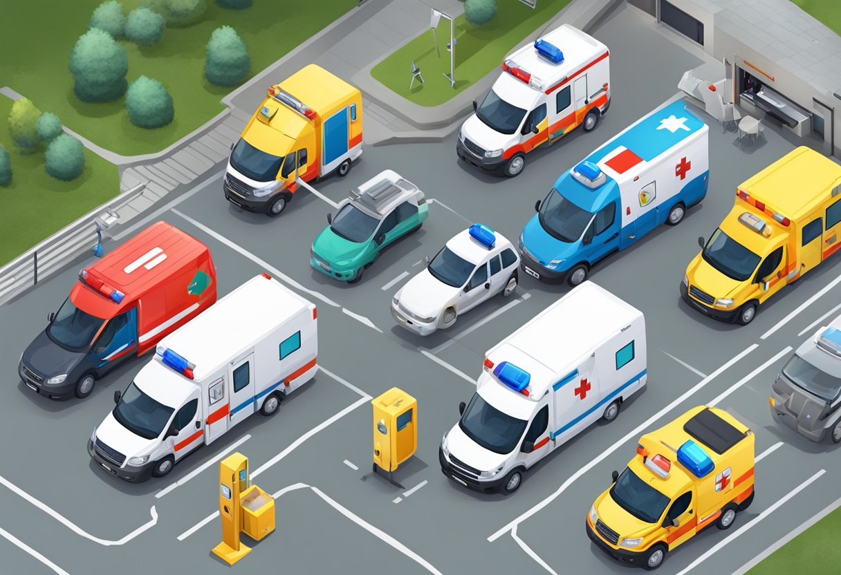 Various ambulances and medical equipment arranged near a SAMU ambulance with a phone on top