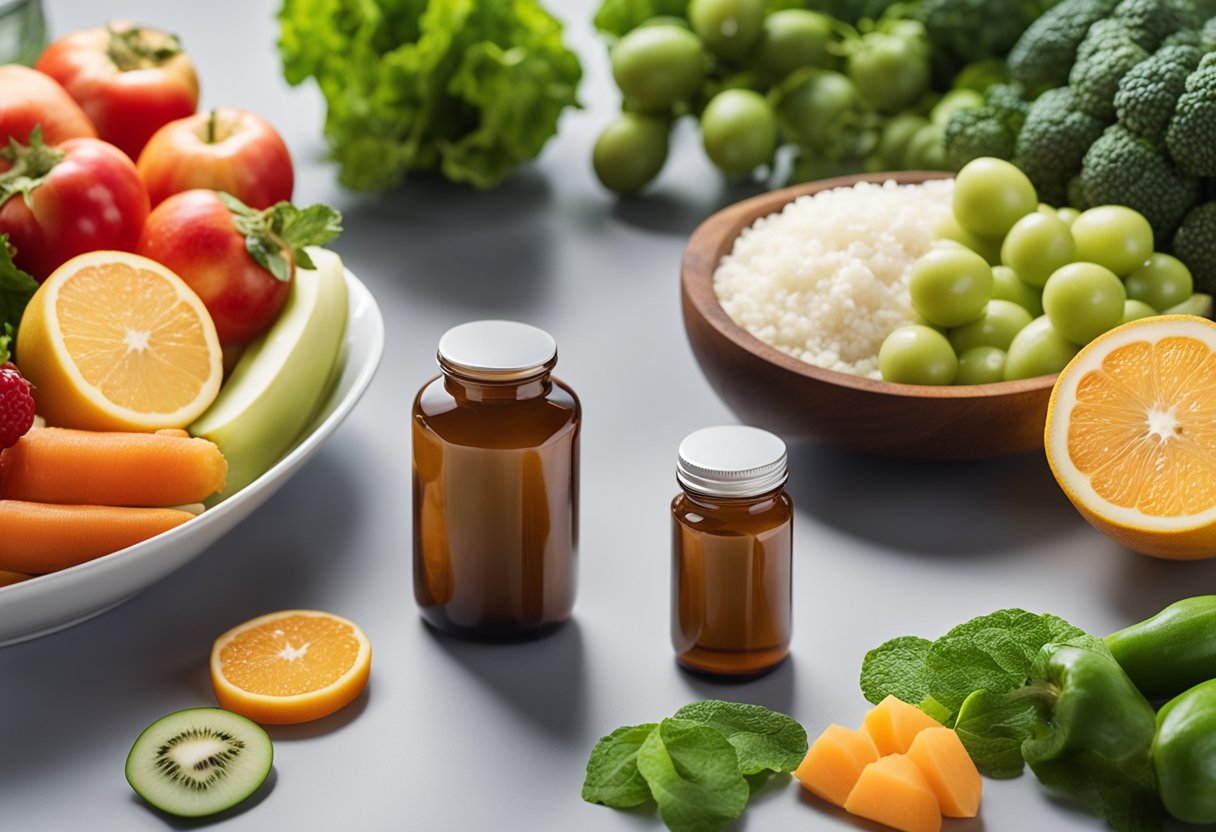 A bottle of collagen supplements surrounded by fresh fruits and vegetables, with a glowing sun in the background, illustrating the benefits of collagen for overall health