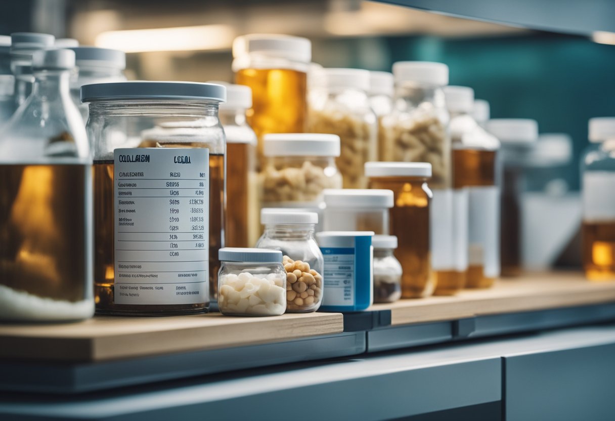 A laboratory table with various sources of collagen, such as fish, chicken, and bovine, displayed in labeled containers