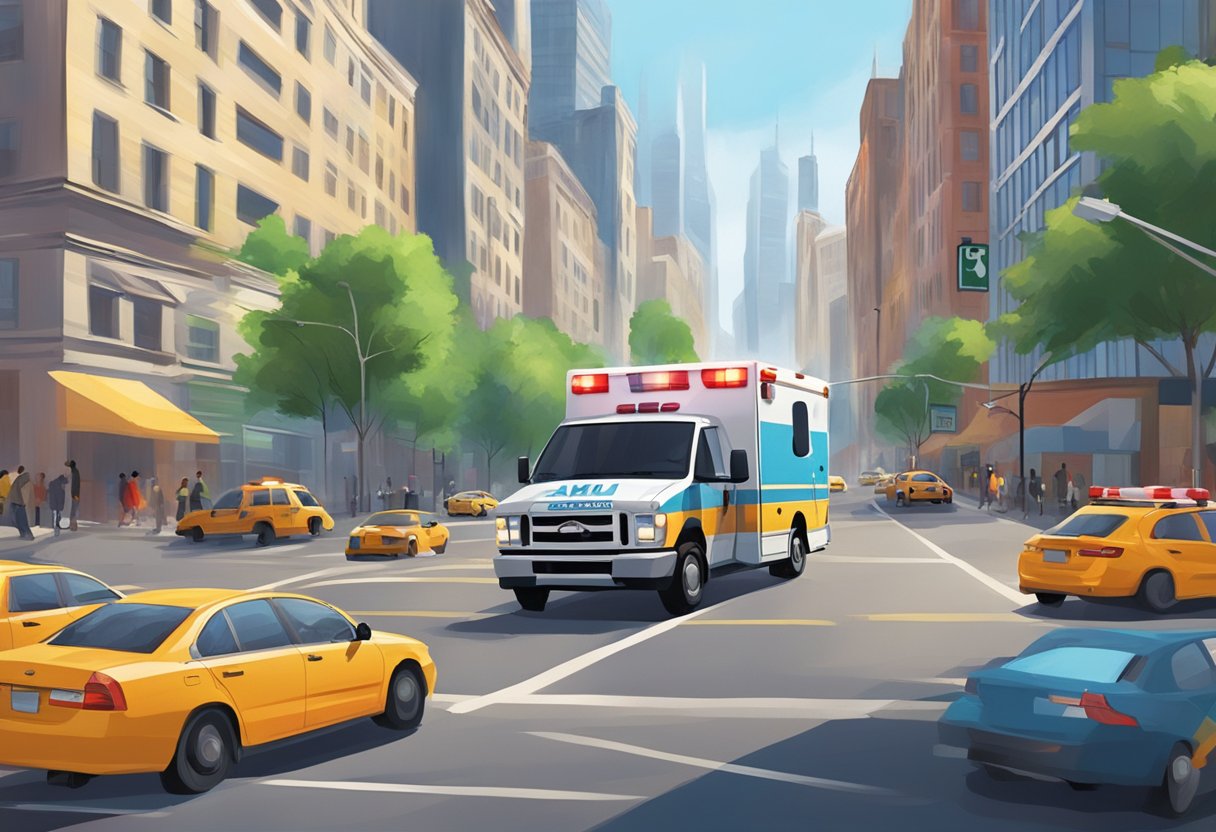 A bustling city street with a SAMU ambulance racing through traffic, sirens blaring, as it navigates towards a distant horizon of urban buildings