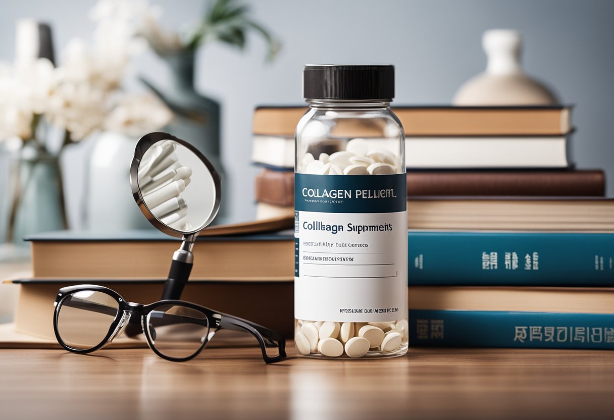 A bottle of collagen supplements next to a stack of books, with a magnifying glass hovering over the label