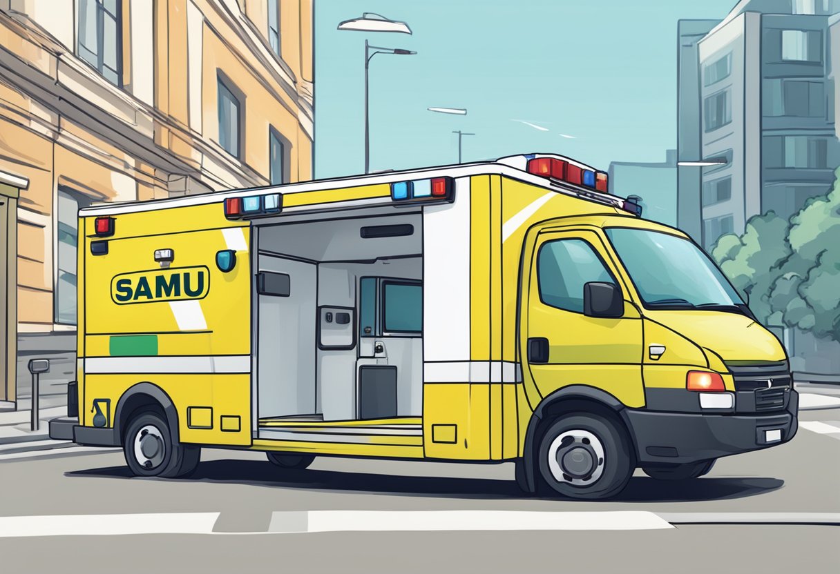 A ringing phone next to an ambulance with "SAMU" written on the side