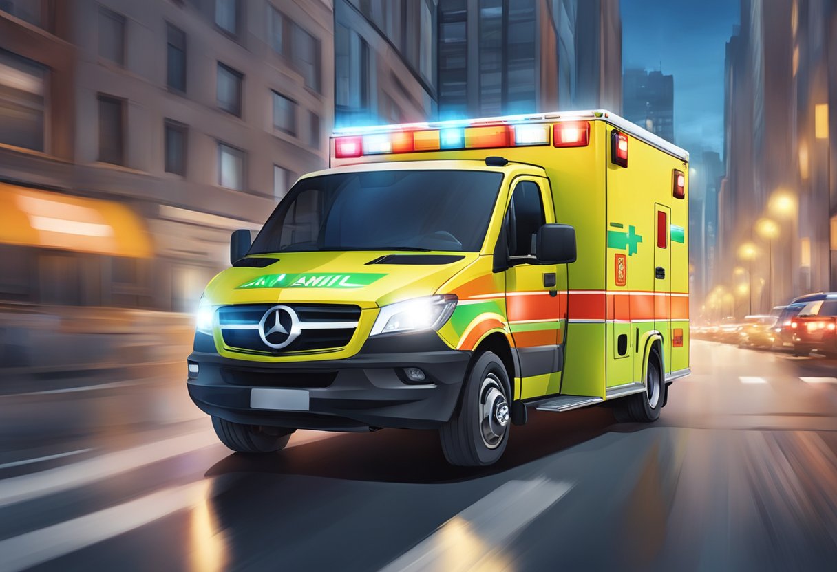 An Amil ambulance speeding through city streets with its lights flashing and siren blaring