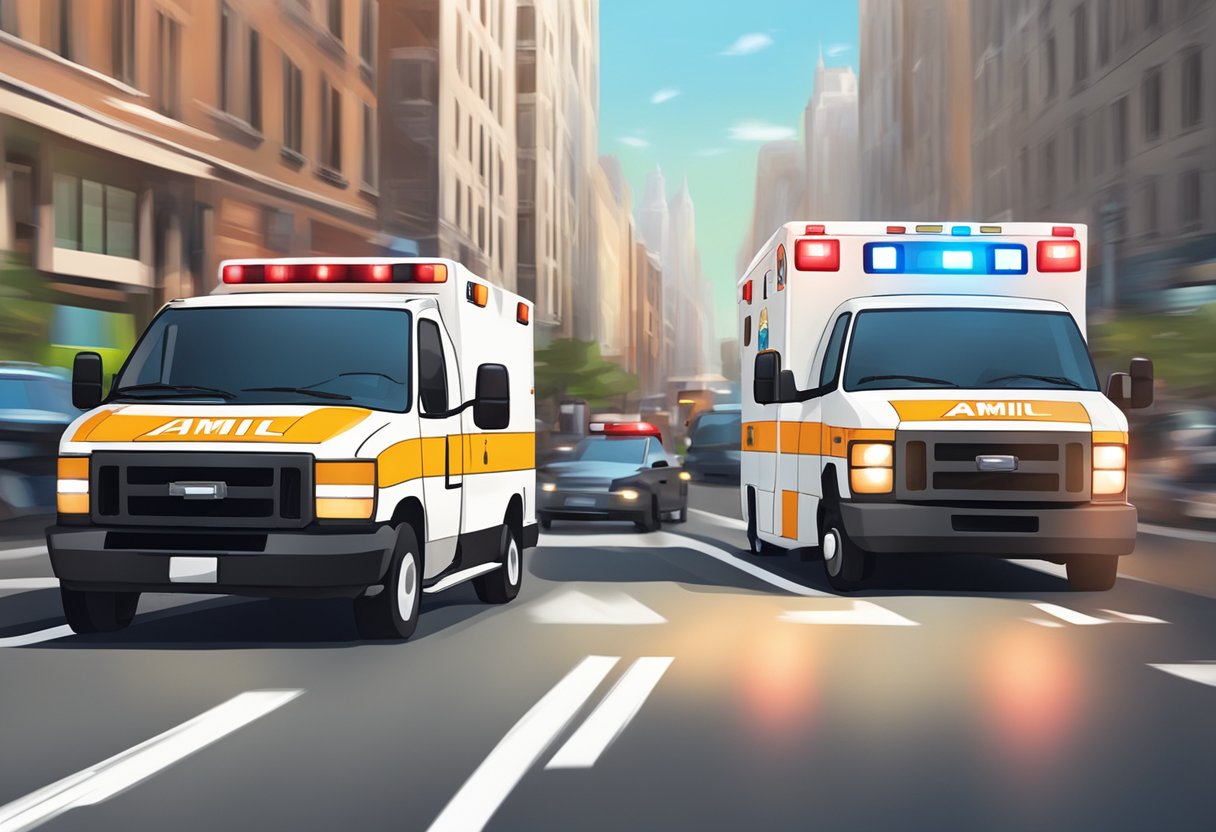 An Amil ambulance rushing through traffic with lights flashing and siren blaring, arriving at a scene of emergency