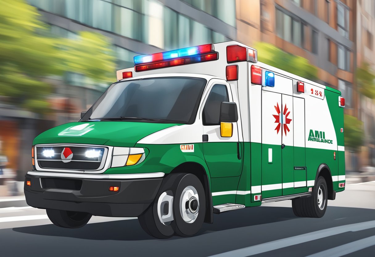 A modern ambulance from Amil, equipped with advanced medical technology, speeding through city streets with sirens blaring