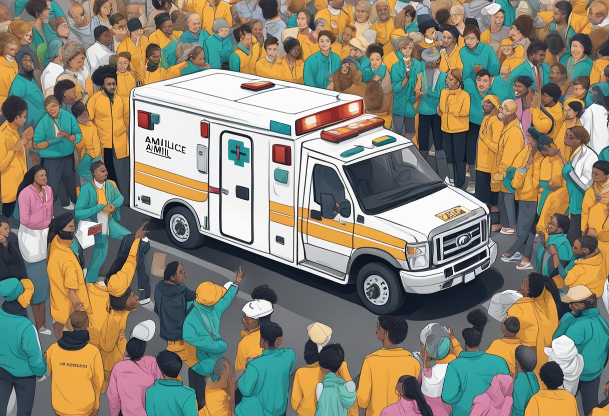 An ambulance with the logo of Amil, surrounded by artists and cultural influencers