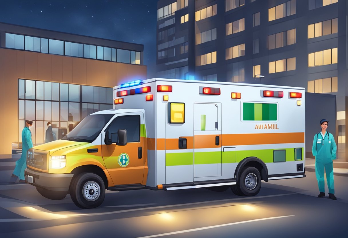 The Amil ambulance is parked outside a hospital, with its lights flashing and the medical team standing by, ready to provide specific plans and services