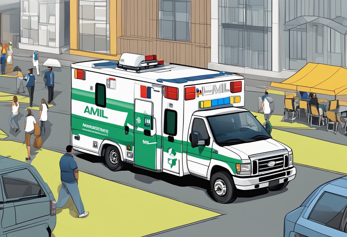 An Amil ambulance parked at a sponsored event, with Amil logos displayed prominently on the vehicle