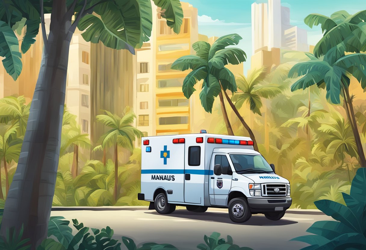 An ambulance with "Manaus" written on the side, surrounded by tropical trees and a bustling cityscape in the background