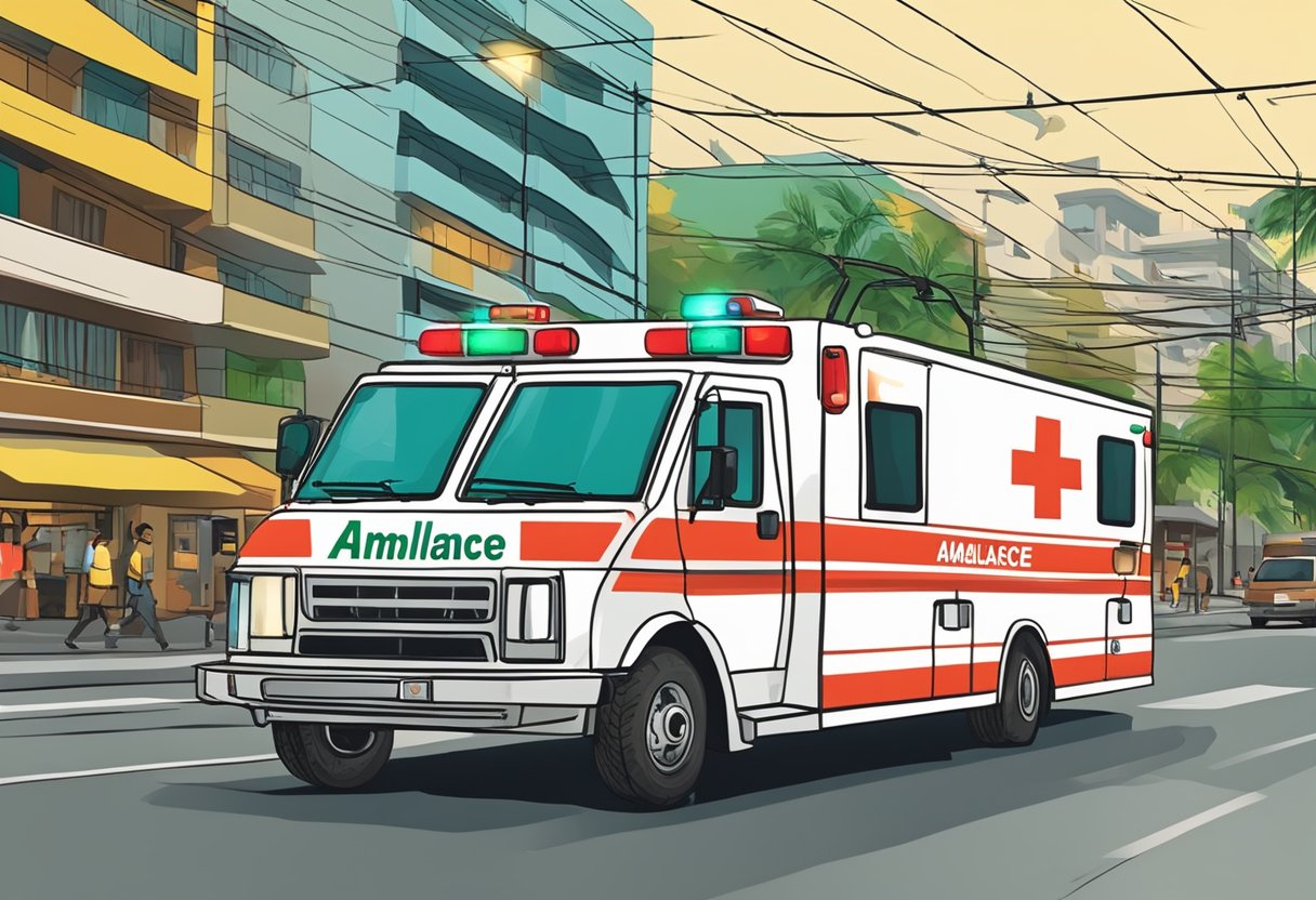 An ambulance speeding through the streets of Manaus, Brazil with its sirens blaring and lights flashing