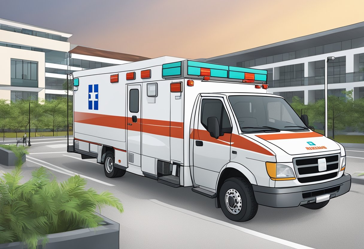 A fully equipped ambulance parked outside a health facility in Manaus, with a clear network structure and planning visible in the surrounding infrastructure