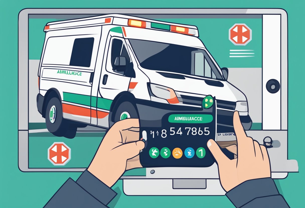 A person using their Unimed plan to request an ambulance. Phone in hand, dialing the emergency number. Ambulance logo visible on the screen