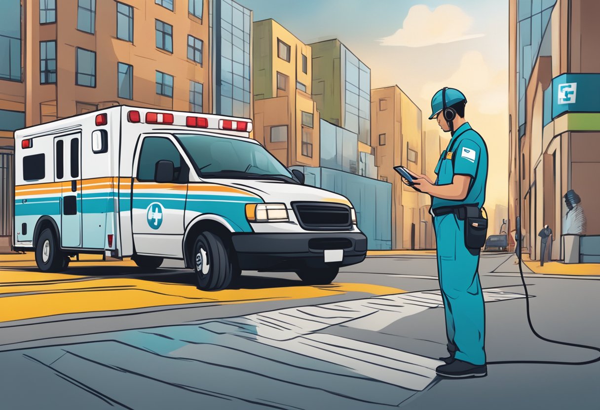 A person dialing a phone, with a Unimed logo in the background, while an ambulance rushes to the scene