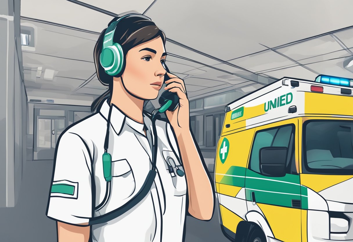 A person calling for a Unimed ambulance with special services. Phone in hand, they speak urgently, while a Unimed logo is visible in the background