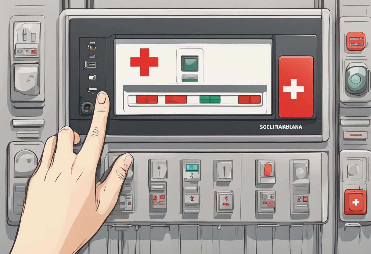 A person pressing a button on a wall-mounted intercom, with a red cross symbol and the words "Solicitar Ambulância" above it