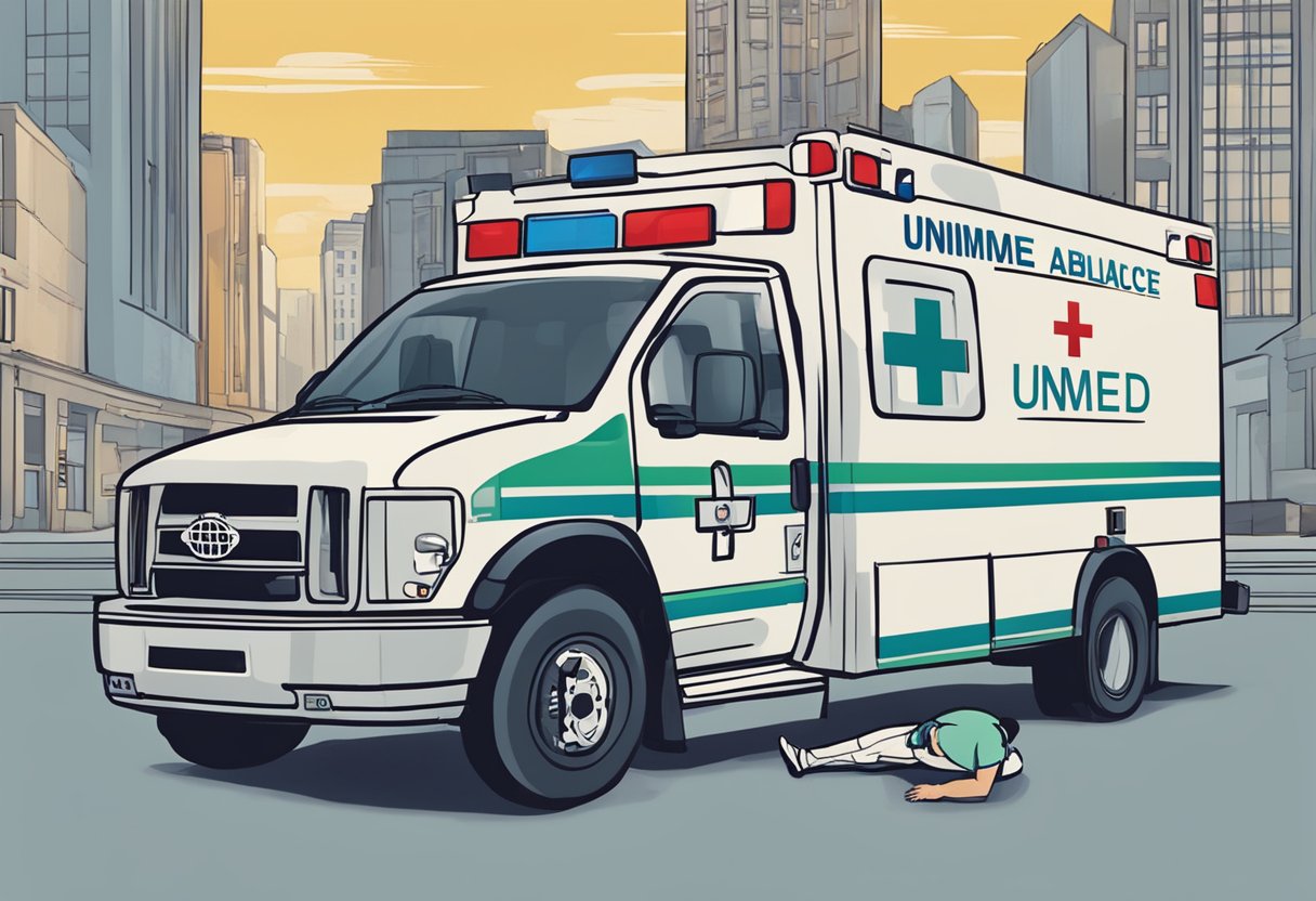 A person in distress presses a button marked "Unimed" to request an ambulance. The Unimed logo is prominently displayed on the vehicle's exterior