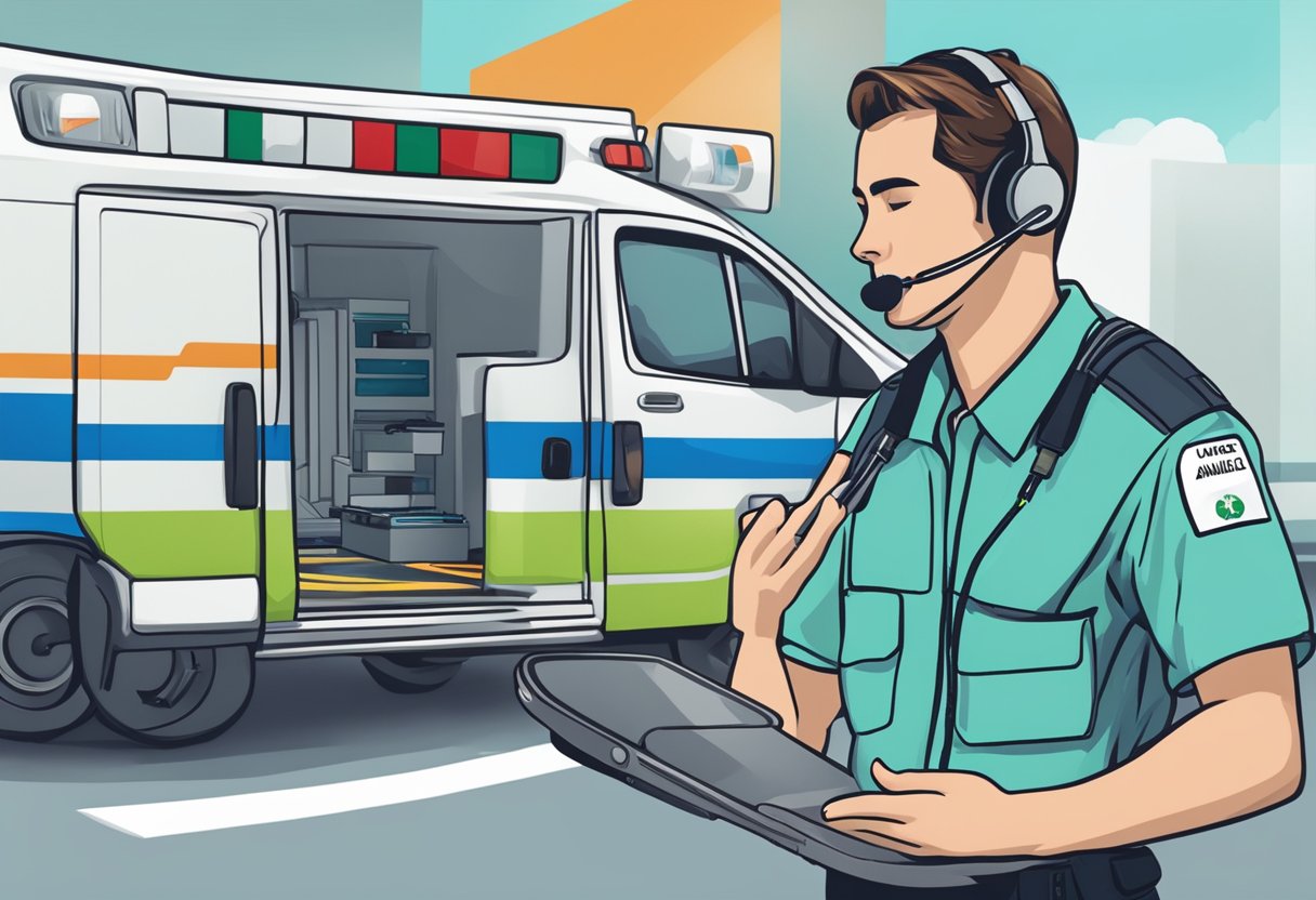 A person calling Unimed for ambulance support. Phone in hand, dialing, with Unimed logo visible