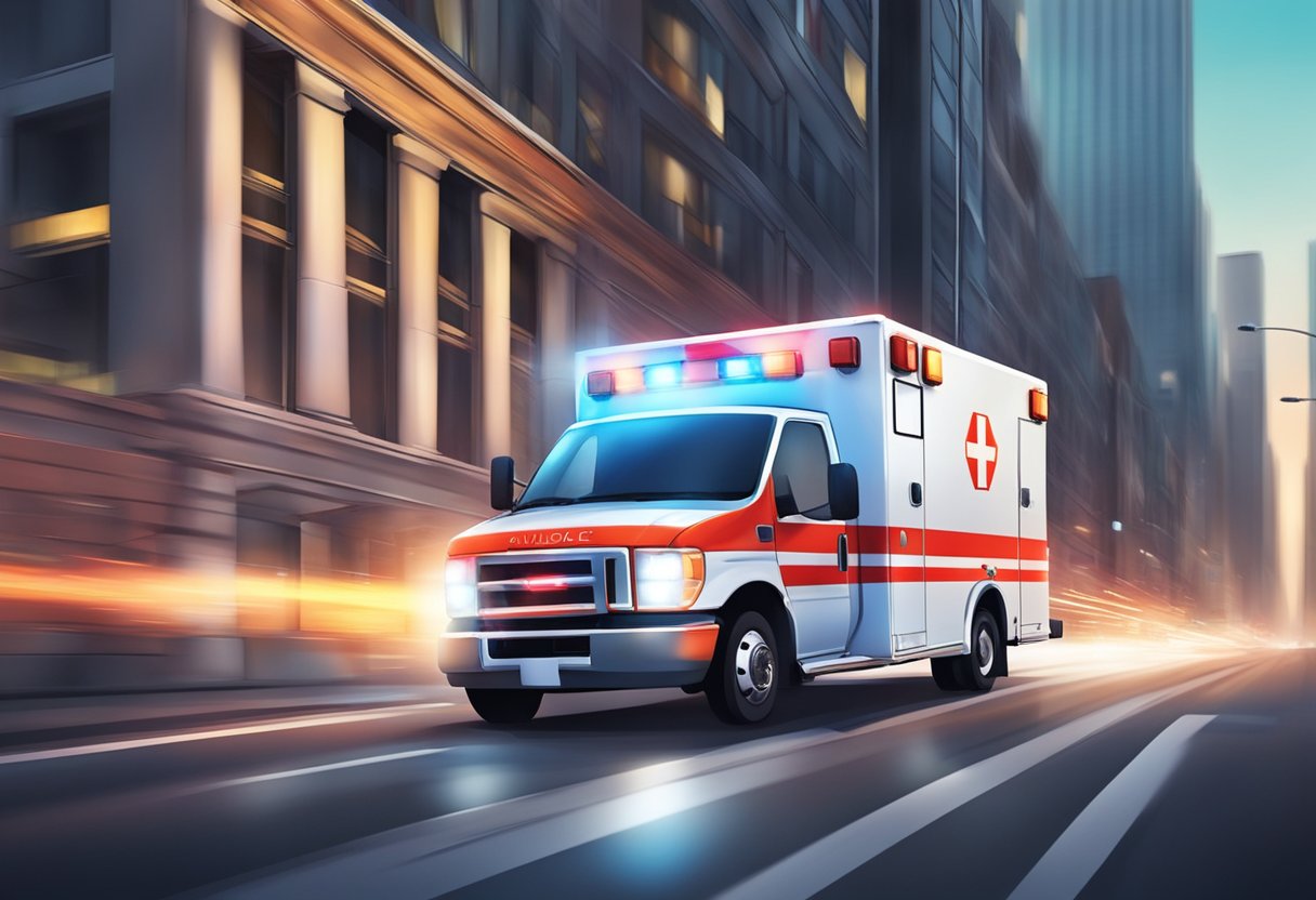 An ambulance speeding through city streets with flashing lights and blaring sirens