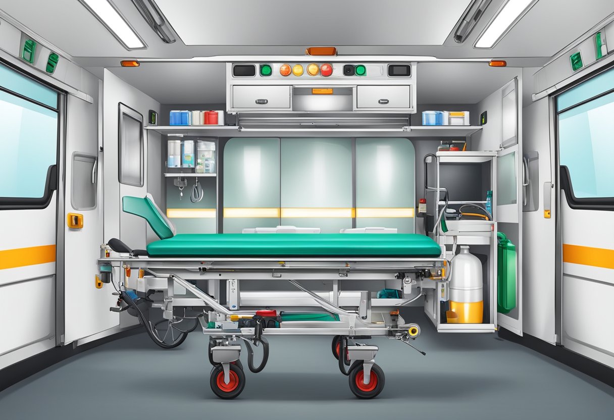 An ambulance car with essential equipment: stretcher, medical supplies, defibrillator, oxygen tank, and emergency lights