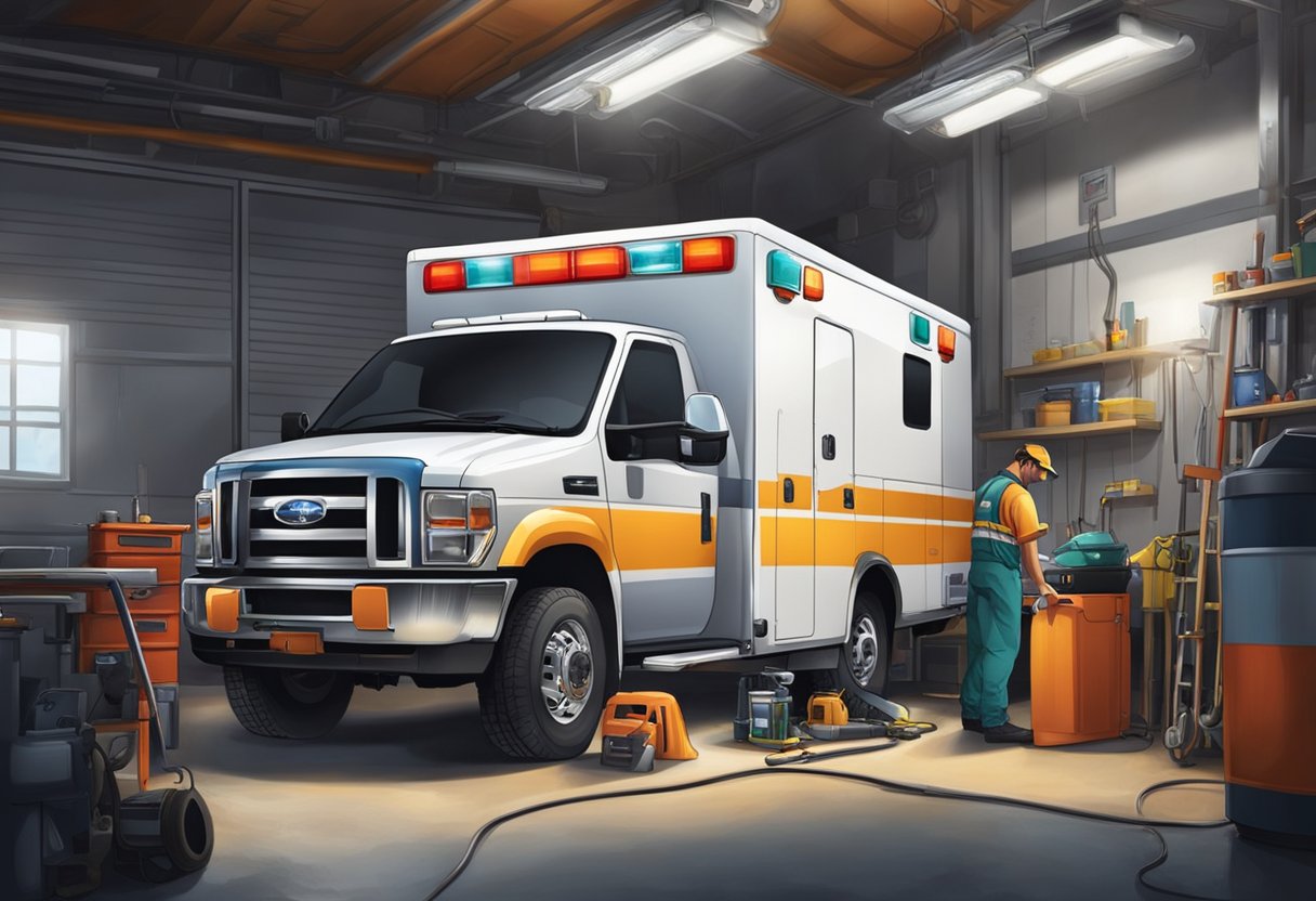 An ambulance parked in a garage, with mechanics performing maintenance and repairs on the vehicle