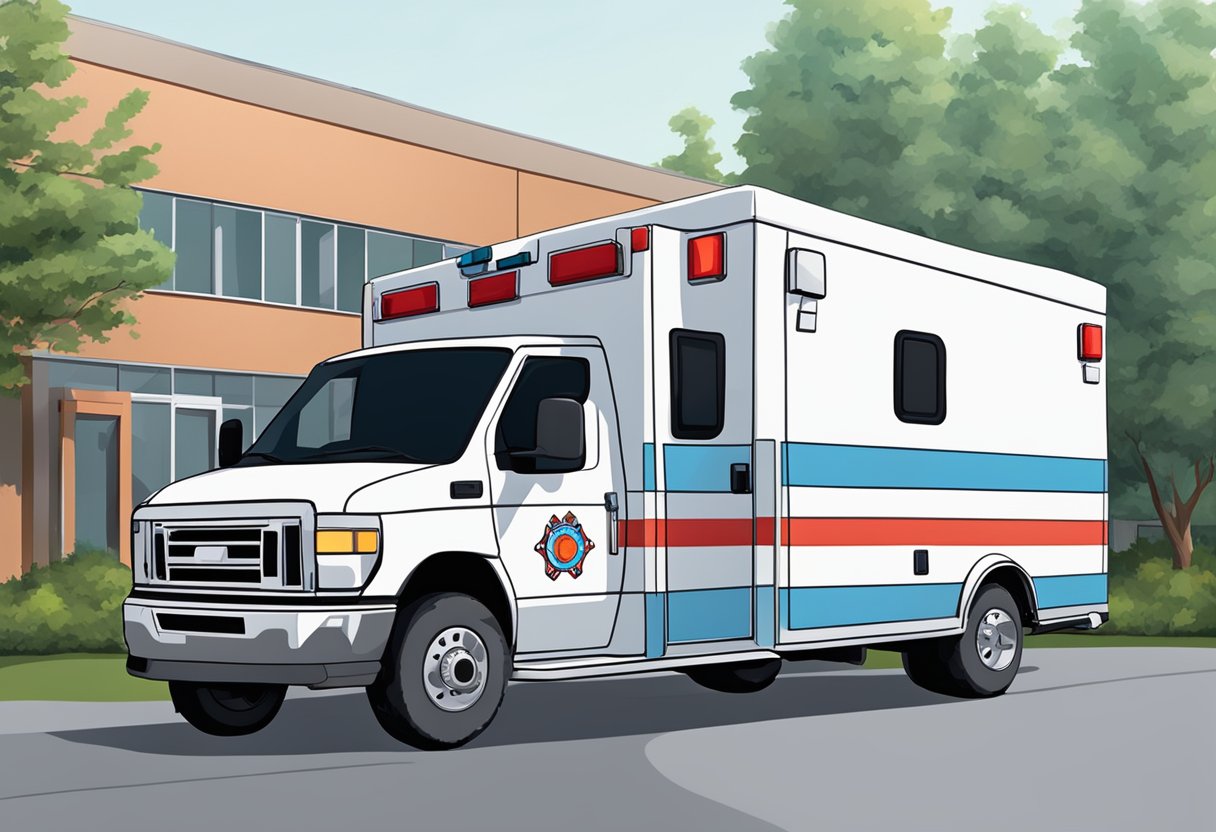 An ambulance parked outside a training center for continued education, with medical equipment visible inside