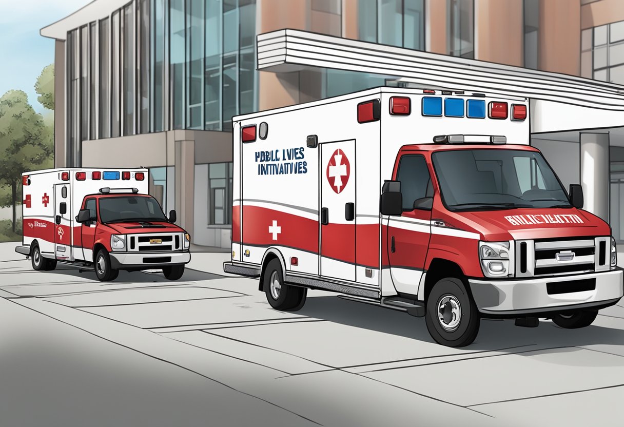 A red and white ambulance with "Public Health Initiatives" and "Save Lives Project" logos parked outside a hospital