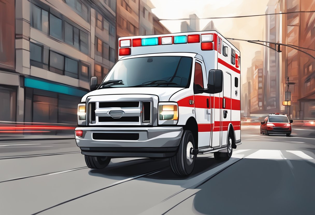 An ambulance with red and white colors, flashing lights, and a siren rushing through a city street