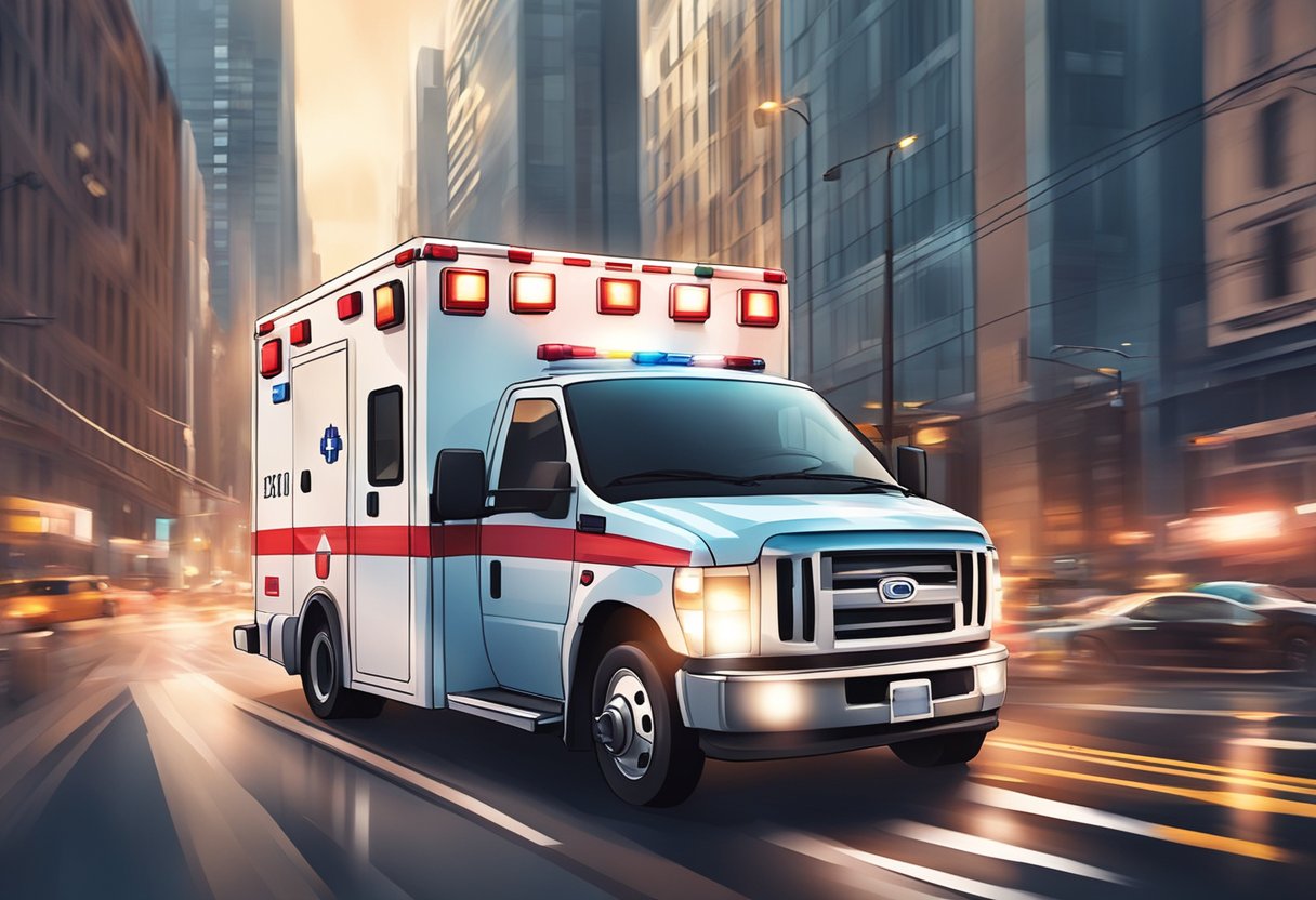 An ambulance rushing through city streets with flashing lights and blaring sirens