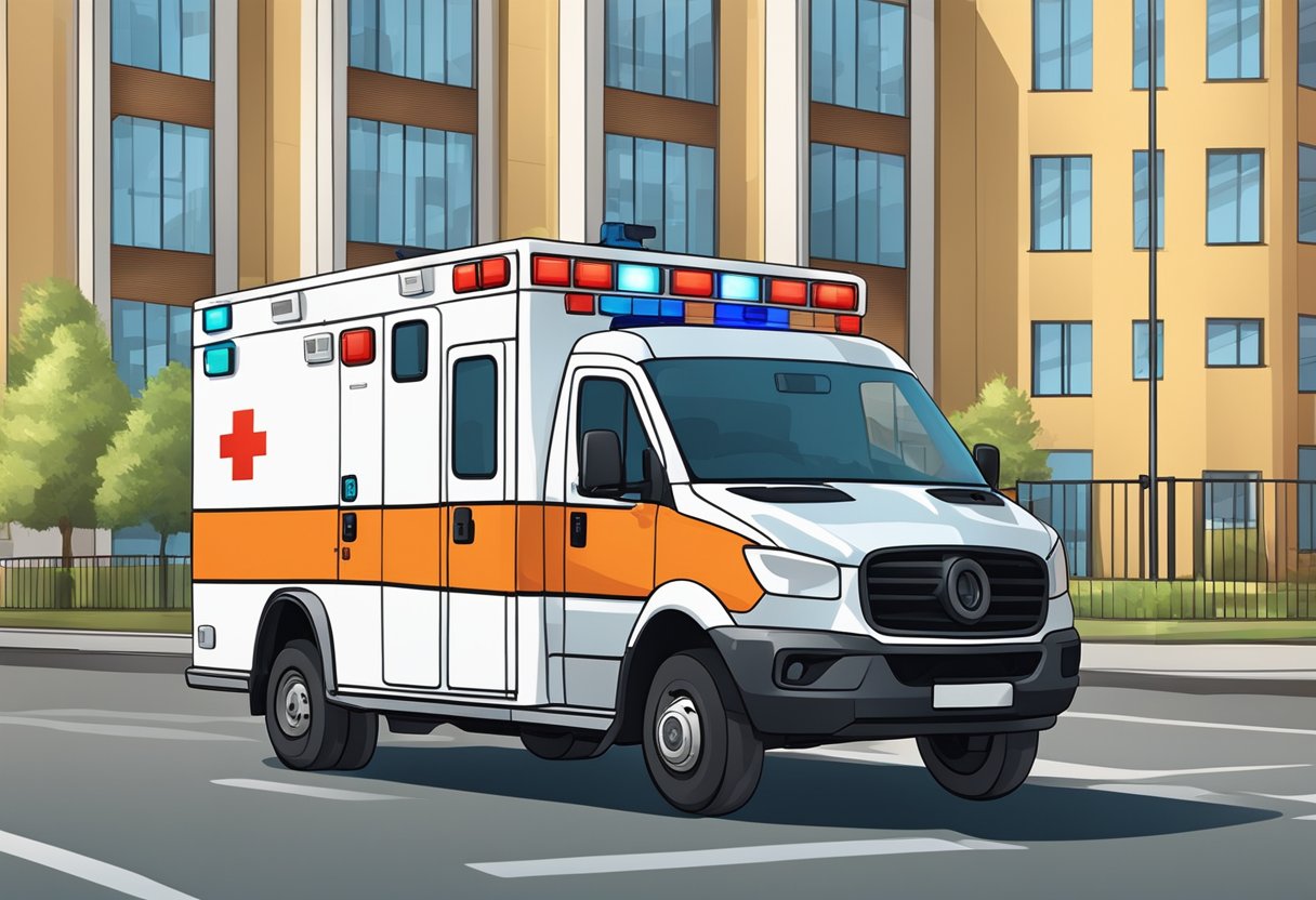 An ambulance with flashing lights and siren, parked outside a building