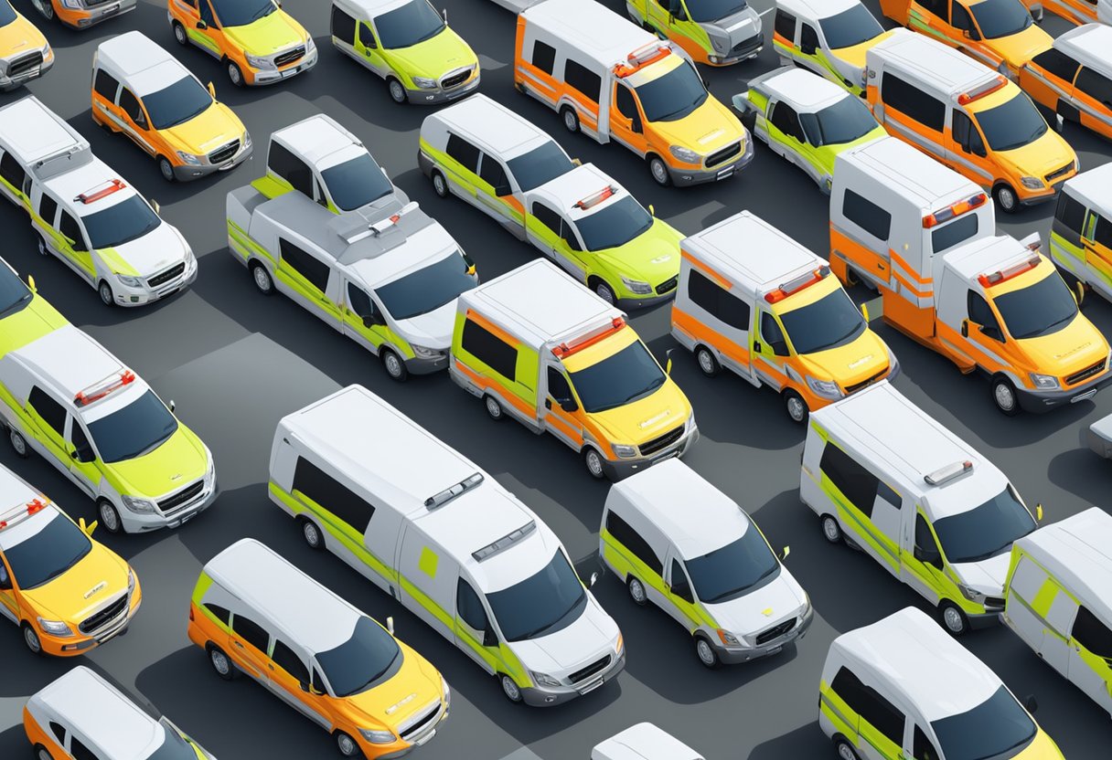 The ambulance fleet parked neatly in rows, ready for action. Bright lights and reflective stripes adorn the vehicles, indicating their readiness for emergency response