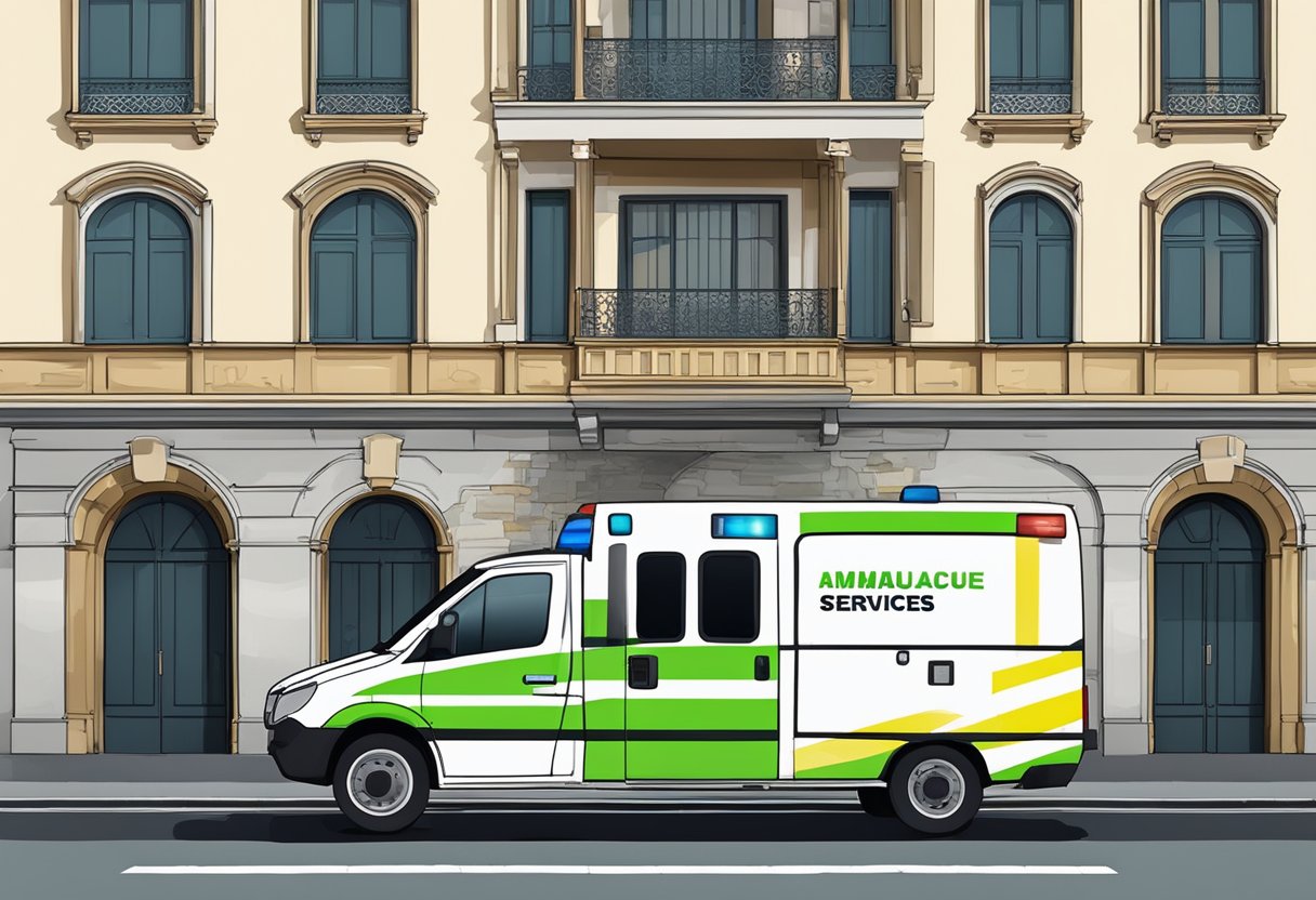 A private ambulance parked outside a building in Franca, SP, with a clear sign indicating contact and access to ambulance services