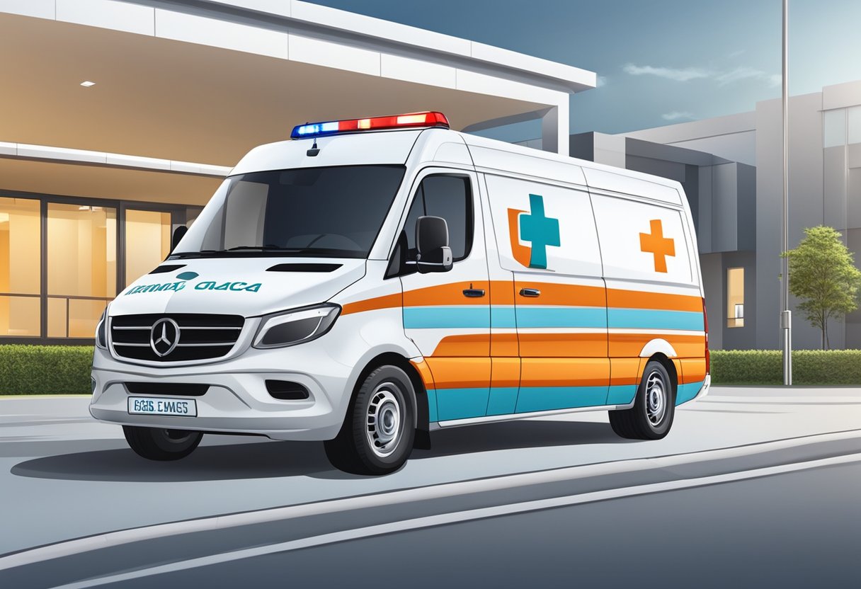 A private ambulance company in Franca, SP, with logo and contact information on a modern vehicle parked outside a medical facility