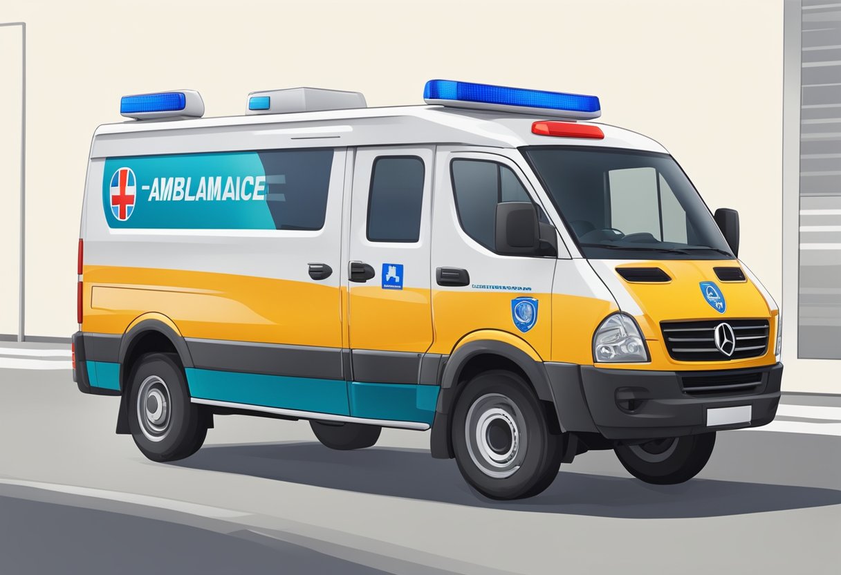 A private ambulance parked in Franca, SP with a clear logo and visible location signage