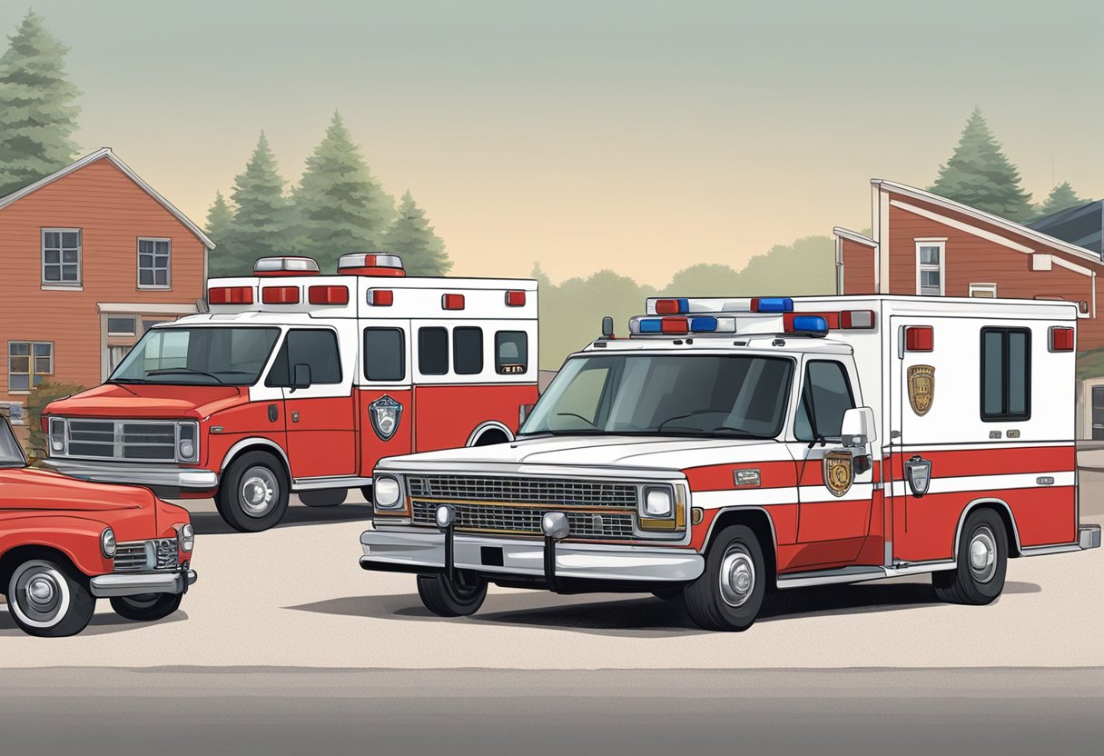 A vintage fire department ambulance parked next to a modern ambulance, showing the evolution of emergency vehicles