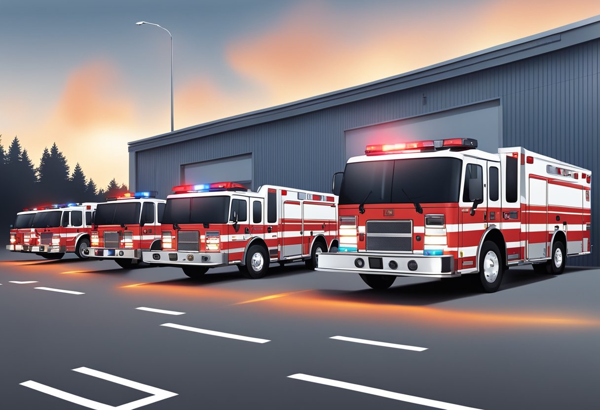 Modern fire department ambulances parked outside with flashing lights