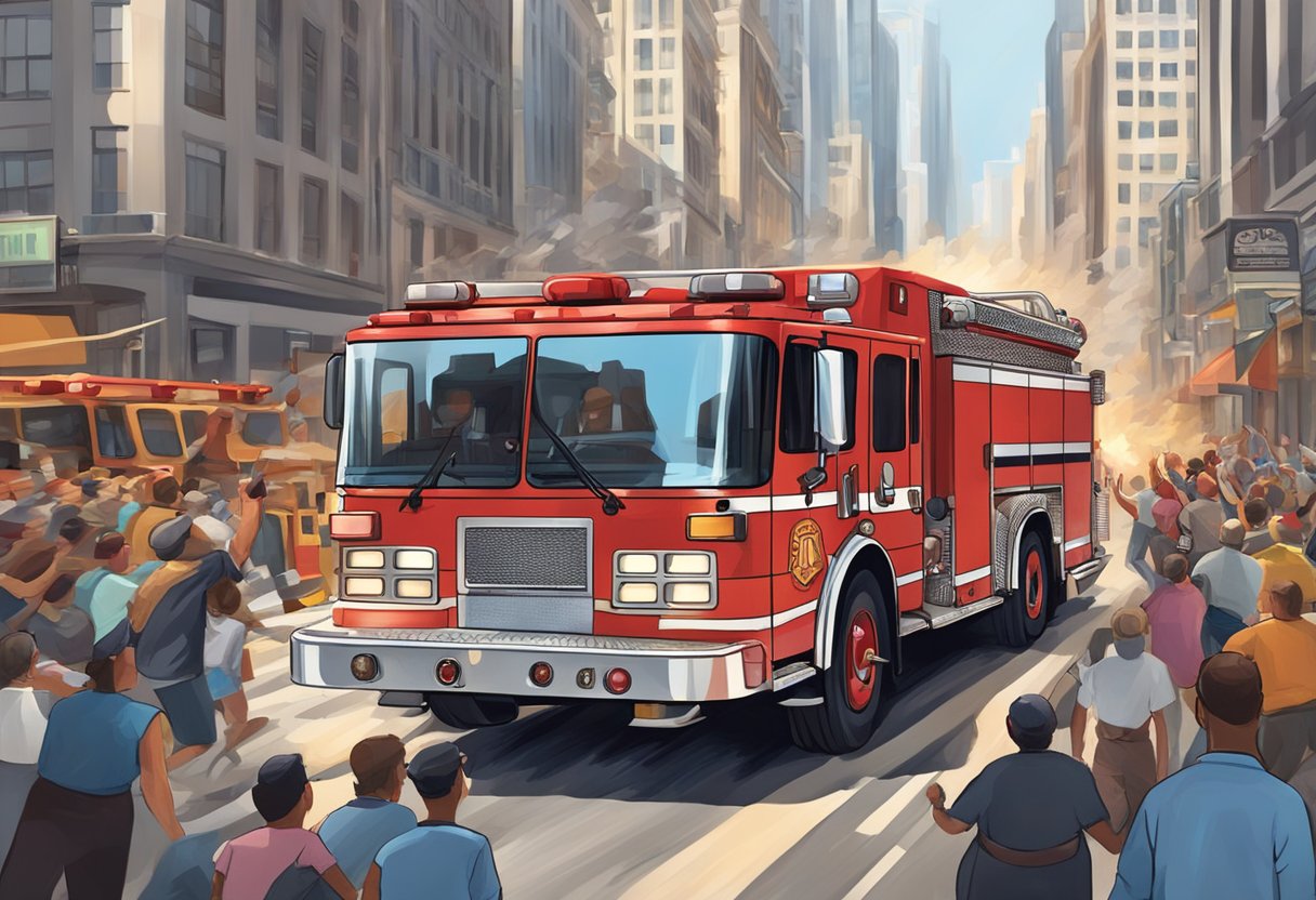 A fire truck speeds through crowded city streets, sirens blaring, as it rushes to the scene of a dramatic rescue