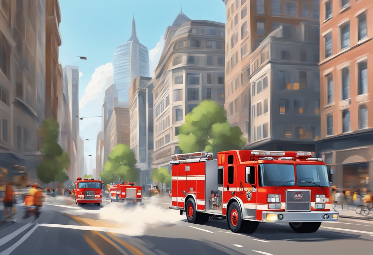 A firetruck rushing through city streets, sirens blaring, with buildings and traffic in the background