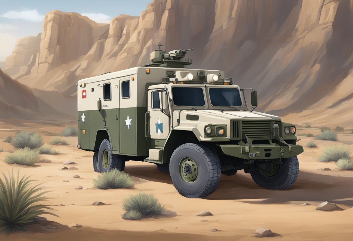 A military ambulance parked in a desert setting, surrounded by rugged terrain and military equipment. The ambulance is marked with the insignia of the army and shows signs of wear and tear