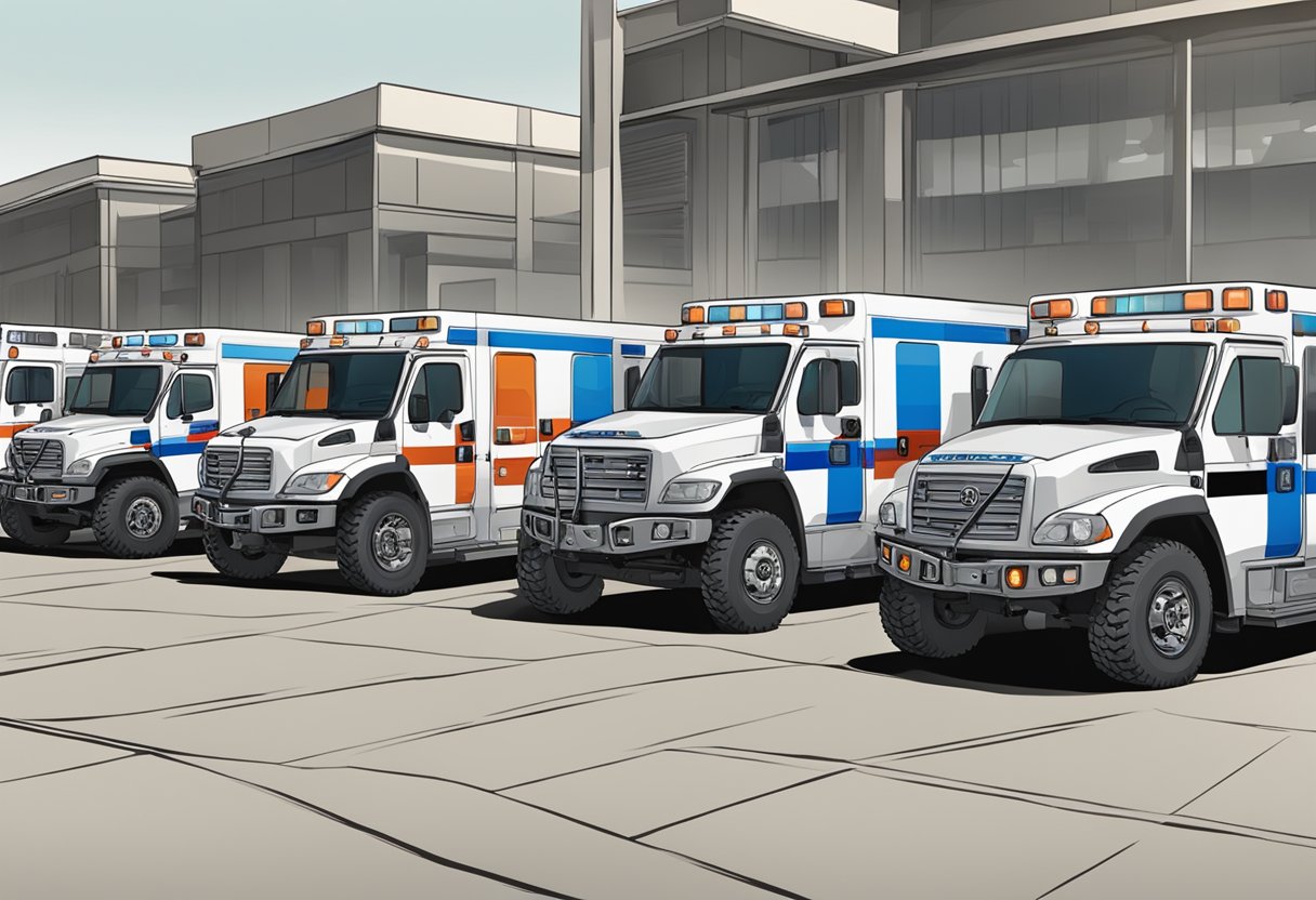 The army ambulances are lined up, ready for their missions