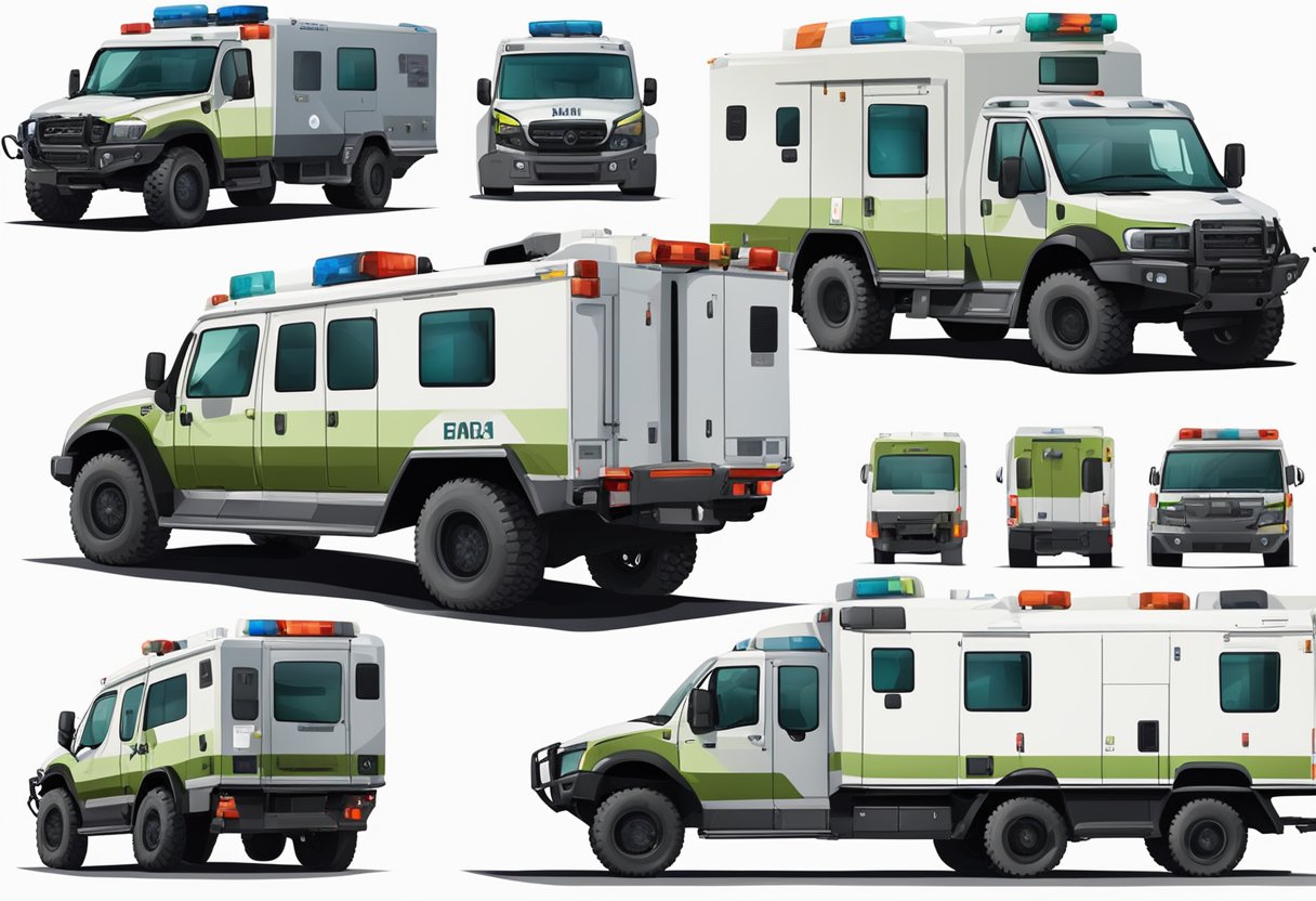 A military ambulance with advanced medical equipment and technology, including stretchers, monitors, and communication devices