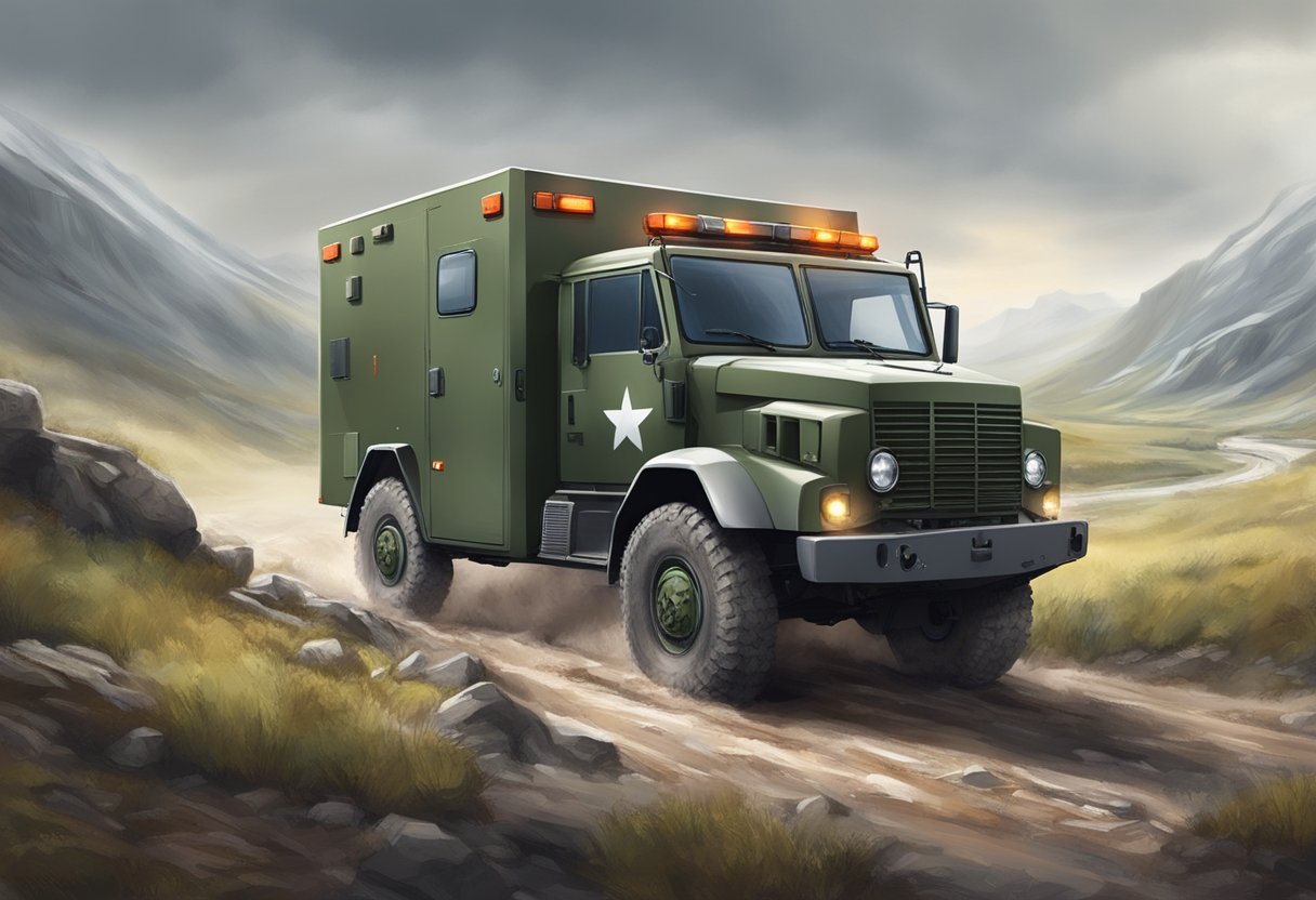 A military ambulance navigating through a rugged terrain with obstacles and challenging conditions