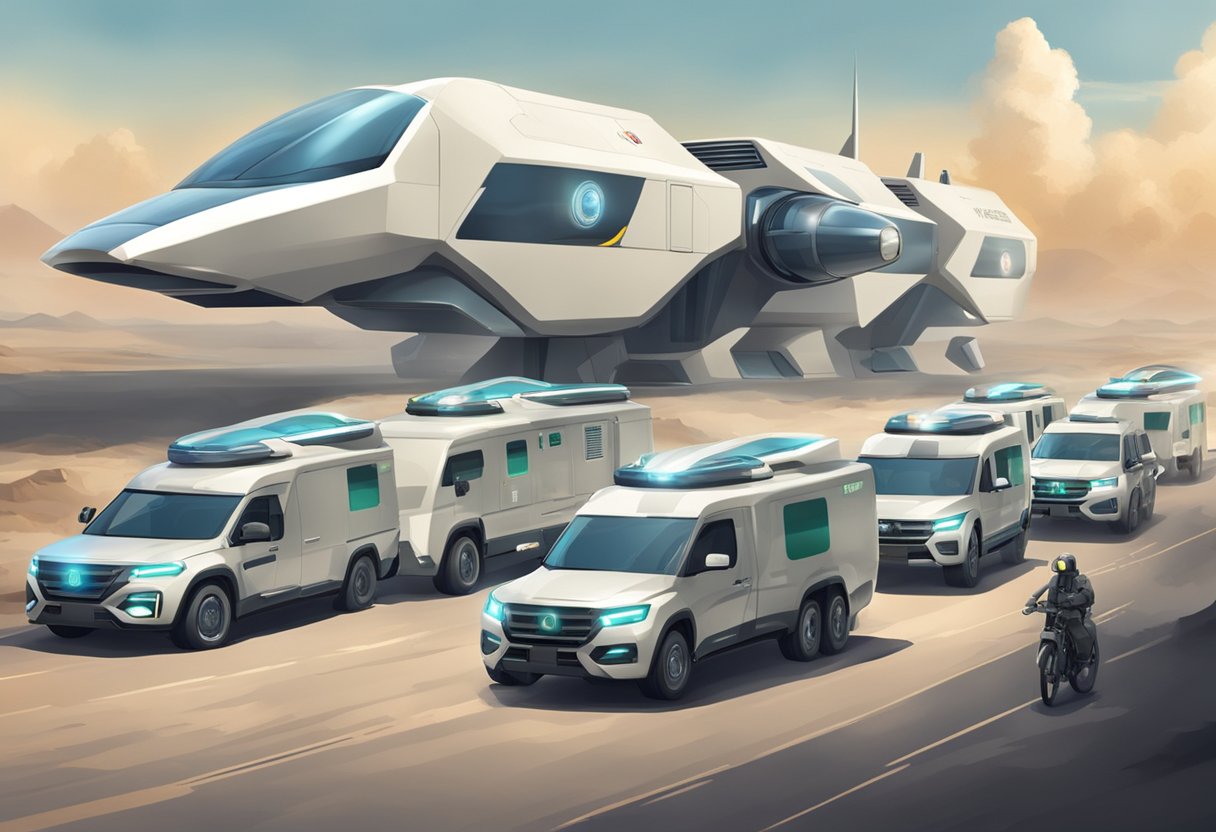 A military ambulance fleet in a futuristic setting, equipped with advanced medical technology and sleek, aerodynamic design