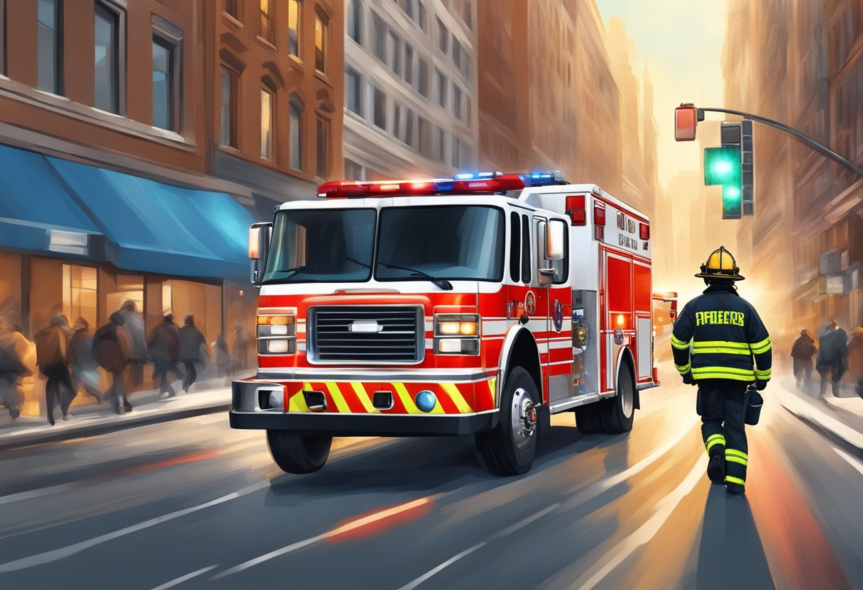 A firefighter ambulance rushing through city streets with sirens blaring and lights flashing, as it responds to an emergency call