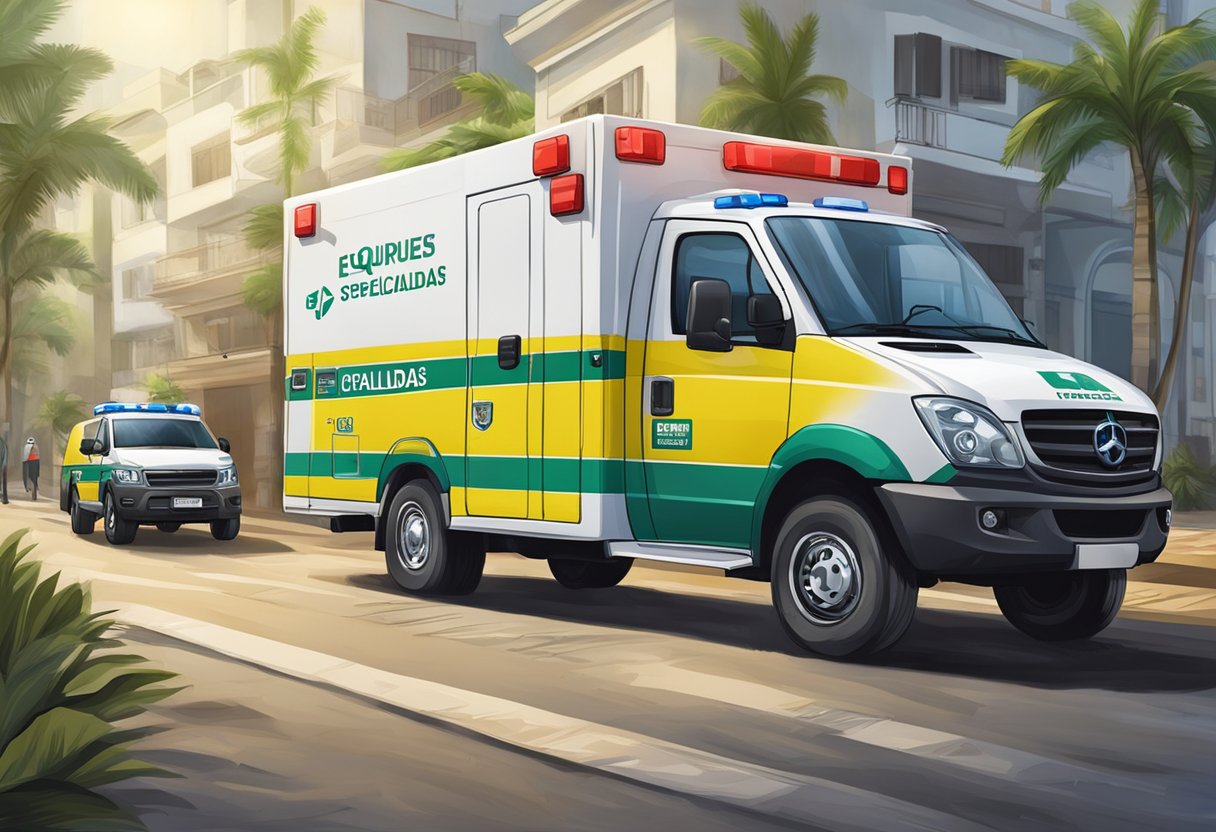 An ambulance with "Equipes Especializadas" logo parked in Salvador, Bahia