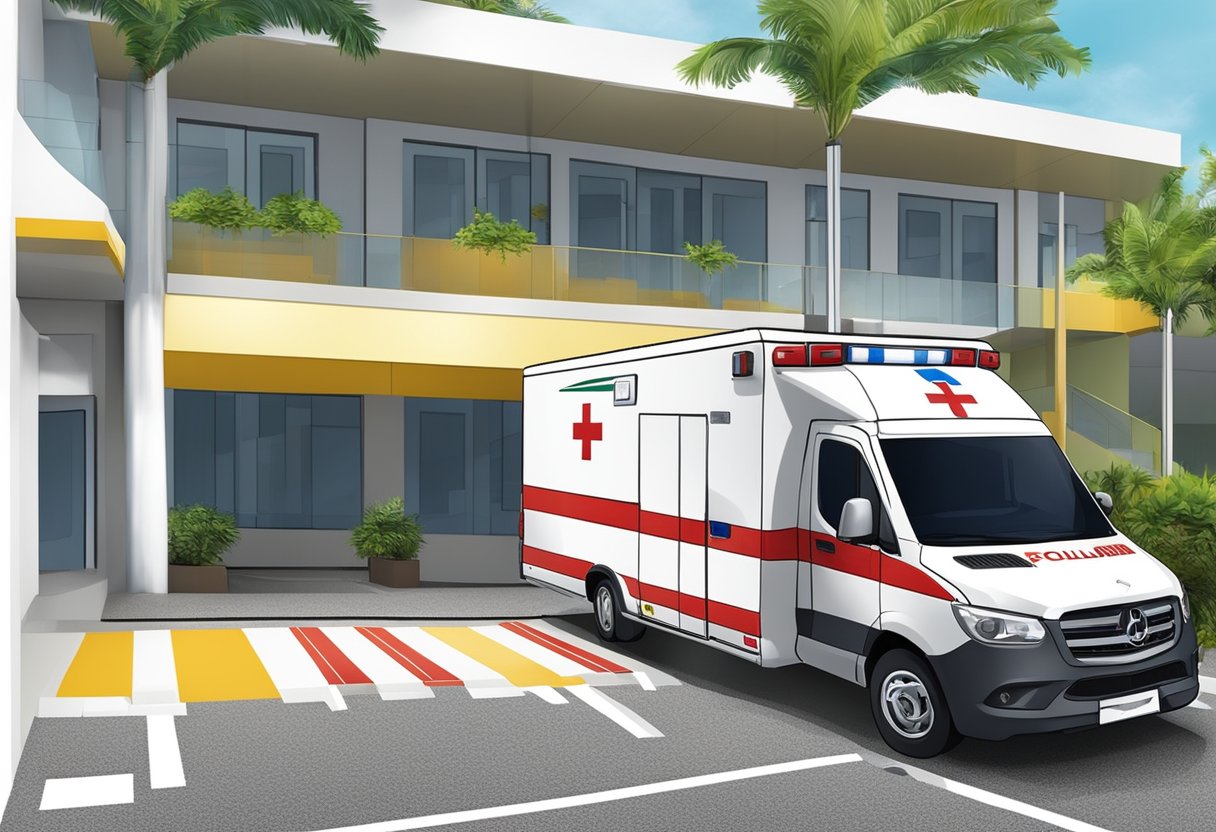 A private ambulance parked outside a medical facility in Salvador, Bahia, with a ramp for accessibility