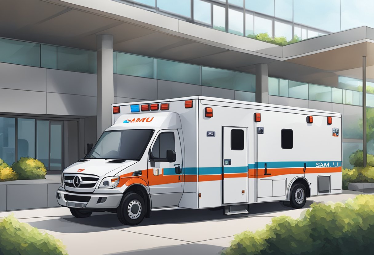 A SAMU 192 ambulance parked at a medical facility with its infrastructure visible