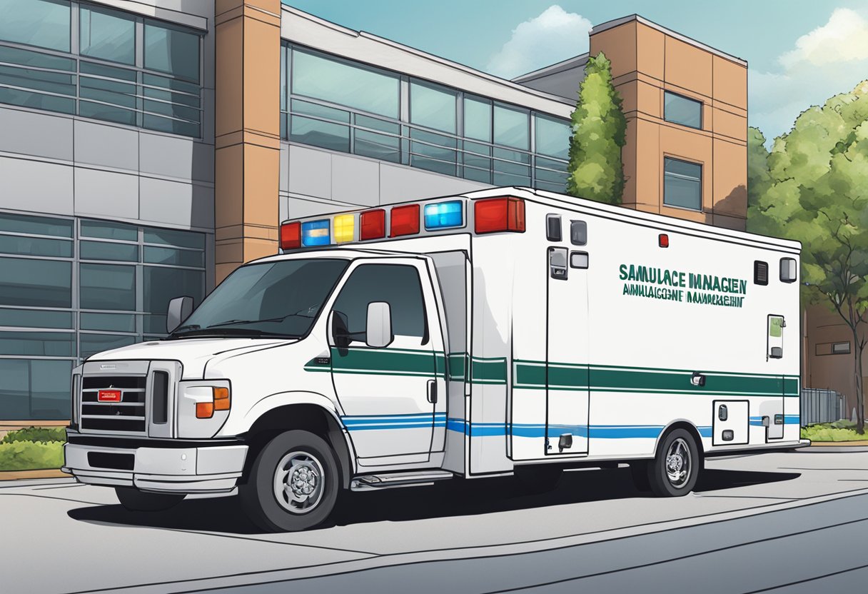 An ambulance parked outside a SAMU facility, with investment and management signage visible