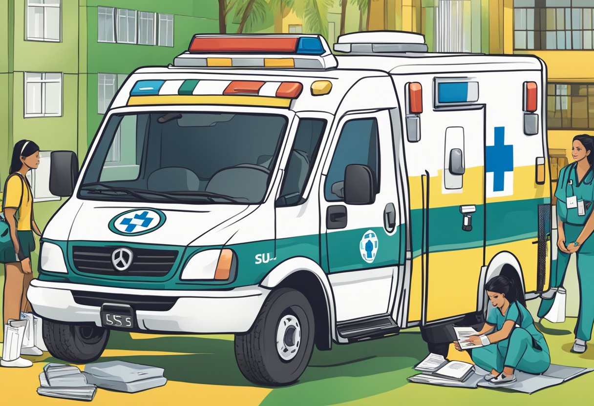 An ambulance with "SUS" (Brazilian public health system) logo, surrounded by health education materials and practitioners