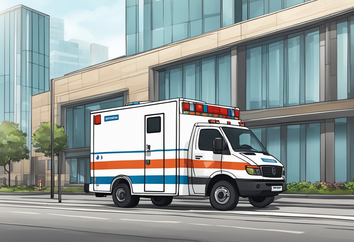 An ambulance parked in front of an international building, with a benchmarking sign visible